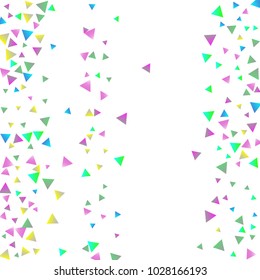 Confetti triangles on a white background. Illustration of a drop of multicolored shiny particles. Decorative element. Luxury background for your design, cards, invitations, gift, vip.