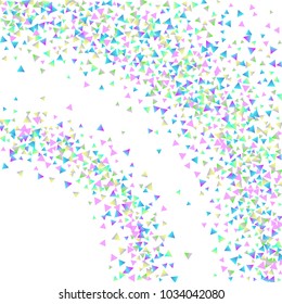 Confetti triangles on a white background. Illustration of a drop of multicolored shiny particles. Decorative element. Luxury background for your design, cards, invitations, gift, vip.