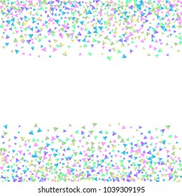 Confetti triangles on a white background. Illustration of a drop of multicolored shiny particles. Decorative element. Luxury background for your design, cards, invitations, gift, vip.
