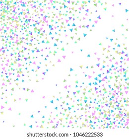 Confetti triangles on a white background. Illustration of a drop of multicolored shiny particles. Decorative element. Luxury background for your design, cards, invitations, gift, vip.