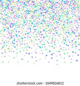 Confetti triangles on a white background. Illustration of a drop of multicolored shiny particles. Decorative element. Luxury background for your design, cards, invitations, gift, vip.