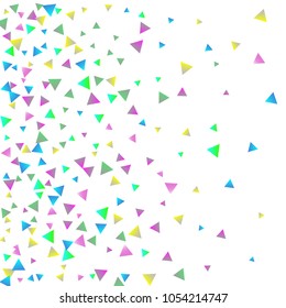 Confetti triangles on a white background. Illustration of a drop of multicolored shiny particles. Decorative element. Luxury background for your design, cards, invitations, gift, vip.