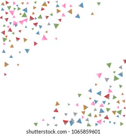 Confetti triangles on a white background. Illustration of a drop of multicolored shiny particles. Decorative element. Luxury background for your design, cards, invitations, gift, vip.