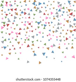 Confetti triangles on a white background. Illustration of a drop of multicolored shiny particles. Decorative element. Luxury background for your design, cards, invitations, gift, vip.
