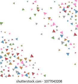 Confetti triangles on a white background. Illustration of a drop of multicolored shiny particles. Decorative element. Luxury background for your design, cards, invitations, gift, vip.