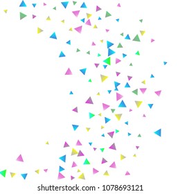 Confetti triangles on a white background. Illustration of a drop of multicolored shiny particles. Decorative element. Luxury background for your design, cards, invitations, gift, vip.