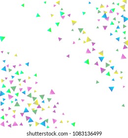 Confetti triangles on a white background. Illustration of a drop of multicolored shiny particles. Decorative element. Luxury background for your design, cards, invitations, gift, vip.