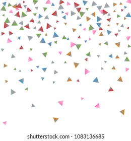 Confetti triangles on a white background. Illustration of a drop of multicolored shiny particles. Decorative element. Luxury background for your design, cards, invitations, gift, vip.