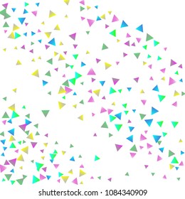 Confetti triangles on a white background. Illustration of a drop of multicolored shiny particles. Decorative element. Luxury background for your design, cards, invitations, gift, vip.
