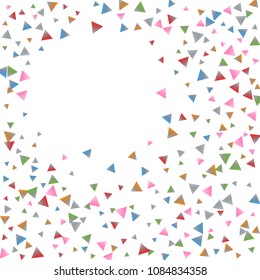 Confetti triangles on a white background. Illustration of a drop of multicolored shiny particles. Decorative element. Luxury background for your design, cards, invitations, gift, vip.