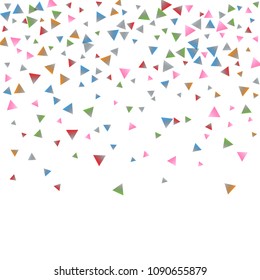 Confetti triangles on a white background. Illustration of a drop of multicolored shiny particles. Decorative element. Luxury background for your design, cards, invitations, gift, vip.
