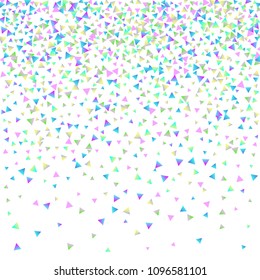 Confetti triangles on a white background. Illustration of a drop of multicolored shiny particles. Decorative element. Luxury background for your design, cards, invitations, gift, vip.