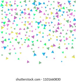 Confetti triangles on a white background. Illustration of a drop of multicolored shiny particles. Decorative element. Luxury background for your design, cards, invitations, gift, vip.