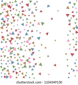 Confetti triangles on a white background. Illustration of a drop of multicolored shiny particles. Decorative element. Luxury background for your design, cards, invitations, gift, vip.