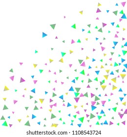 Confetti triangles on a white background. Illustration of a drop of multicolored shiny particles. Decorative element. Luxury background for your design, cards, invitations, gift, vip.