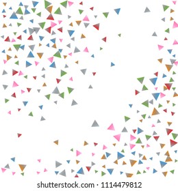 Confetti triangles on a white background. Illustration of a drop of multicolored shiny particles. Decorative element. Luxury background for your design, cards, invitations, gift, vip.
