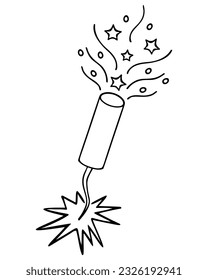 Confetti of various shapes fly from the cracker. Sketch. Pyrotechnics set on fire for the holiday. Vector illustration. Doodle style. Outline on isolated background. Coloring book for children. 