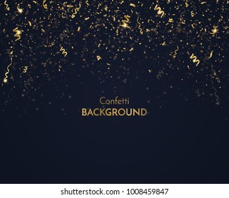 Confetti vector background. Luxury festive illustration. Fallen gold ribbons isolated on black.