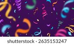Confetti vector banner background with colorful flying blurred serpentine ribbons. Birthday, party, carnival illustration in flat simple gradient style. Pattern on dark backdrop.