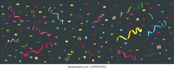 Confetti vector banner background with colorful serpentine ribbons, doodle, stars, and geometric shapes. Holiday, Party, Celebration, New Year Party, Christmas party.