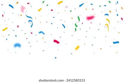 Fondo de banner vector de confetti con cintas coloridas.  Aniversario, celebración, ilustración de saludo en estilo de caricatura simple plana con explosión divertida. símbolo, cumpleaños, fiesta, vacaciones,