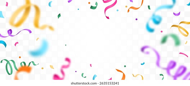 Confetti vector banner background with colorful serpentine ribbons, copy space for your text at the center. Birthday, carnival illustration in flat simple gradient style with fun explosion on light.
