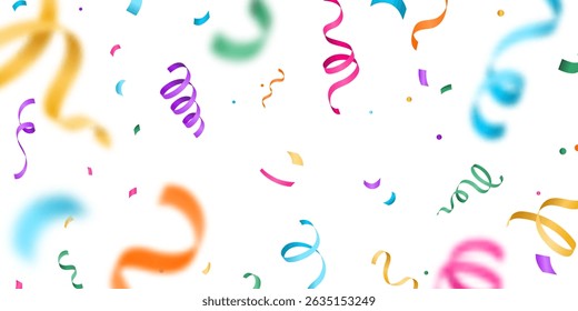 Fondo de Anuncio de Vector de confeti con coloridas cintas de serpentina borrosas voladoras. Cumpleaños, fiesta, aniversario, ilustración de carnaval en estilo de gradiente simple plano. Patrón sobre fondo claro.