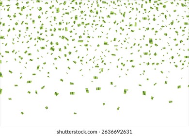 Confetti vector banner background with green serpentine ribbons, place for yours text at the center. Anniversary, celebration, greeting illustration in flat simple cartoon style with fun explosion.