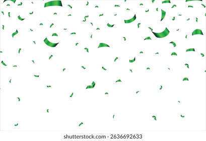 Confetti vector banner background with green serpentine ribbons, place for yours text at the center. Anniversary, celebration, greeting illustration in flat simple cartoon style with fun explosion.