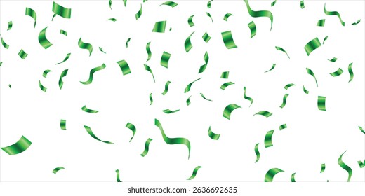 Confetti vector banner background with green serpentine ribbons, place for yours text at the center. Anniversary, celebration, greeting illustration in flat simple cartoon style with fun explosion.
