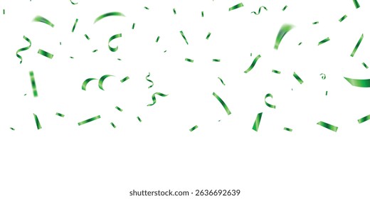 Confetti vector banner background with green serpentine ribbons, place for yours text at the center. Anniversary, celebration, greeting illustration in flat simple cartoon style with fun explosion.