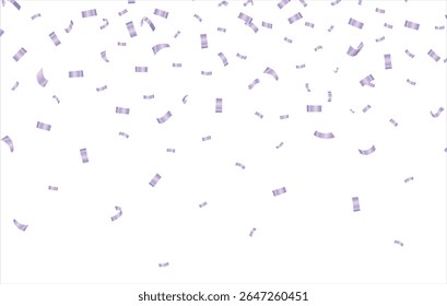Confetti vector banner background with Purple serpentine ribbons, place for yours text at the center. Anniversary, celebration, greeting illustration in flat simple cartoon style with fun explosion.