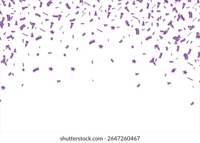 Confetti vector banner background with Purple serpentine ribbons, place for yours text at the center. Anniversary, celebration, greeting illustration in flat simple cartoon style with fun explosion.