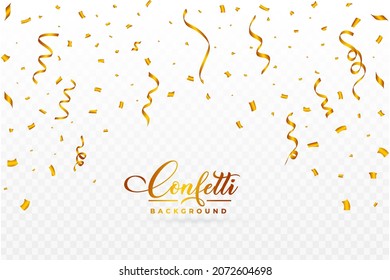 Confetti vector for the carnival background. Golden party ribbon and confetti falling. Golden confetti isolated on transparent background. Festival elements. Birthday party celebration.