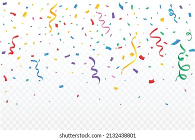 Confetti vector for the carnival background. Multicolor party ribbon and confetti falling. Colorful confetti isolated on transparent background. Festival elements. Birthday party celebration.