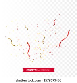 Confetti vector celebrate background. Gold and red flying ribbons, streamers and paper particles. Birthday party background. Festive  illustration