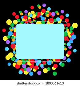 confetti vector, empty pastel blue picture frame vector on black background with festive colorful confetti, polka dots. Thank you vector, invitation, e-card, vector logo, space for text.