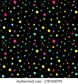 confetti vector, Festive polka dot seamless vector pattern. Multi-colored multi-sized circles on a black vector background. Bright confetti template for holidays, packaging design vector