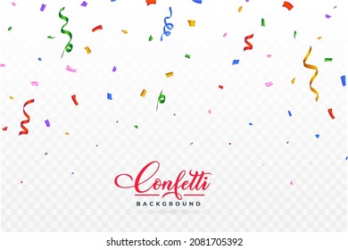 Confetti vector illustration for the carnival background. Multicolor party tinsel and confetti falling. Colorful confetti isolated on transparent background. Festival elements. Birthday celebration.