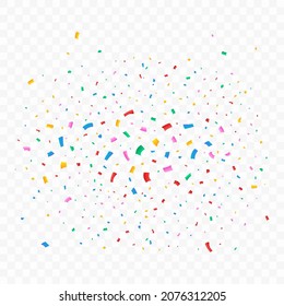 Confetti vector illustration for festival background. Colorful tinsel and confetti explosion. Multicolor confetti on transparent background. Event and party celebration. Festival elements.