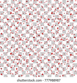 Confetti vector illustration shimmer. Transparent background wedding romantic template. Abstract glitter defocused design red color. Magic bright shine glow. Holiday heart shape Valentines Day card. 