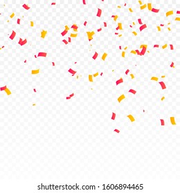 Confetti vector party background. Gold and red ribbons, streamers and particles.