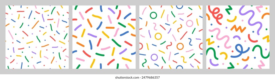 Confetti vector pattern collection. Minimal line shape abstract background set. Geometric graphic flat style illustration. Kid celebrate birthday party backgrounds. Funny childish vector decoration co