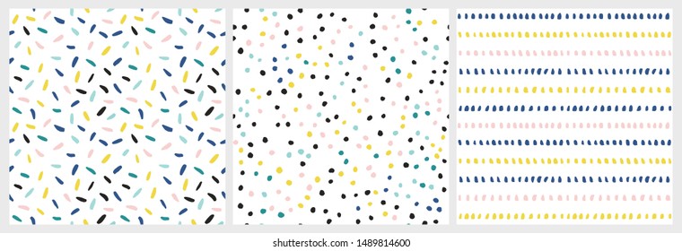 Confetti vector pattern set. Collection of abstract festive seamless background with colorful sprinkles. 