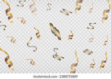 Confetti vector png. Golden confetti falls from the sky. Holiday, birthday. Sparkling confetti on a transparent background. Festive design element.