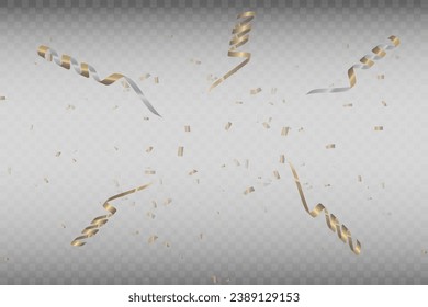 Confetti vector png. Golden confetti falls from the sky. Holiday, birthday. Sparkling confetti on a transparent background. Festive design element.