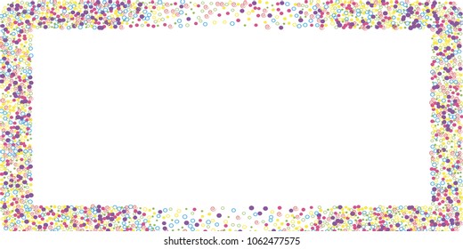 Confetti vector rectangular frame. Scatter of colored circular elements. Dynamic vector illustration for holiday, celebration decorations, paper packaging, textile, covers.
