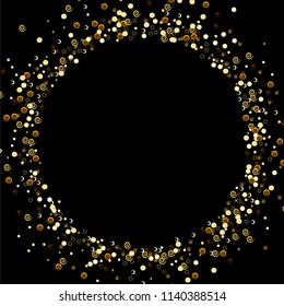 Confetti vector round frame. Circular Scatter of circular elements. Twists Curls Rings Stones Circles. Dynamic vector illustration for holiday celebration decorations, paper packaging, textile