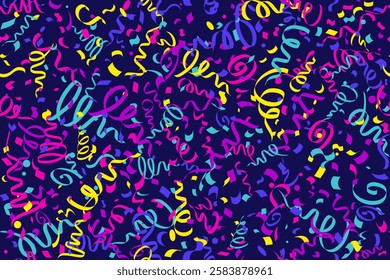 Confetti vector seamless background for birthday party celebration and carnival decoration. Colored ribbons of serpentine falling and firework explosion. Flat bright illustration