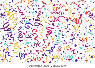 Confetti vector seamless background for birthday party celebration and carnival decoration. Colored ribbons of serpentine falling and firework explosion. Flat illustration